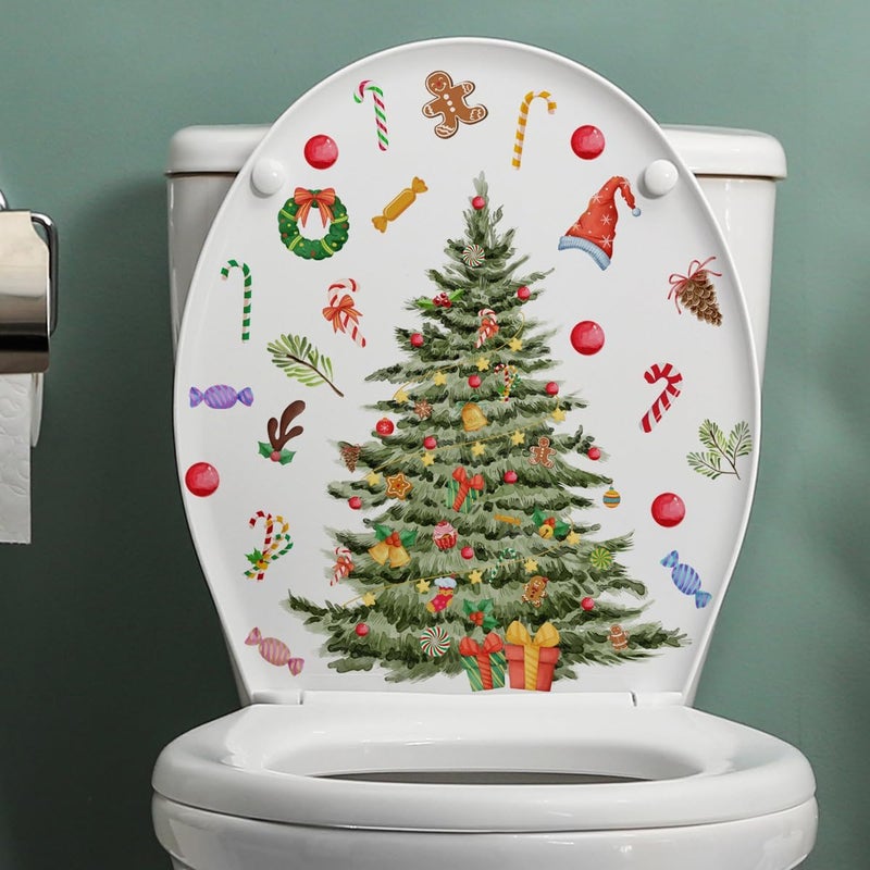 BASEMMAHER 2Pcs Christmas Toilet Stickers Xmas Christmas Tree Snowflake Snowman Pattern Wall Decals Window Glass Bathroom Self-Adhesive Stickers Decoration for Home Decor Merry Christmas Supplies - Image 5